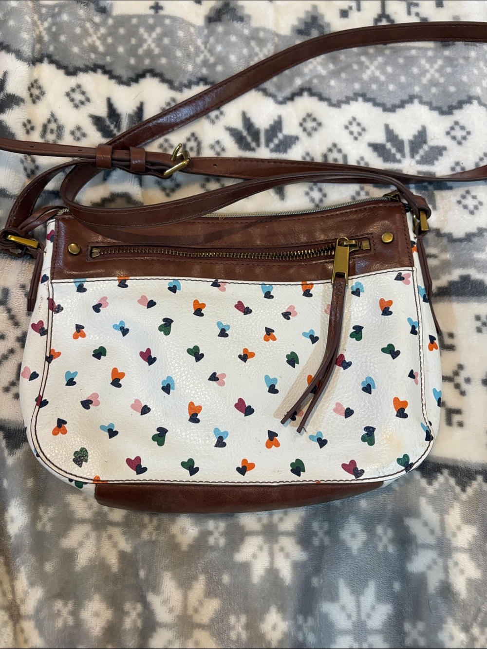 Fossil White Crossbody Bag with Multicolor Heart Print & Brown Trim